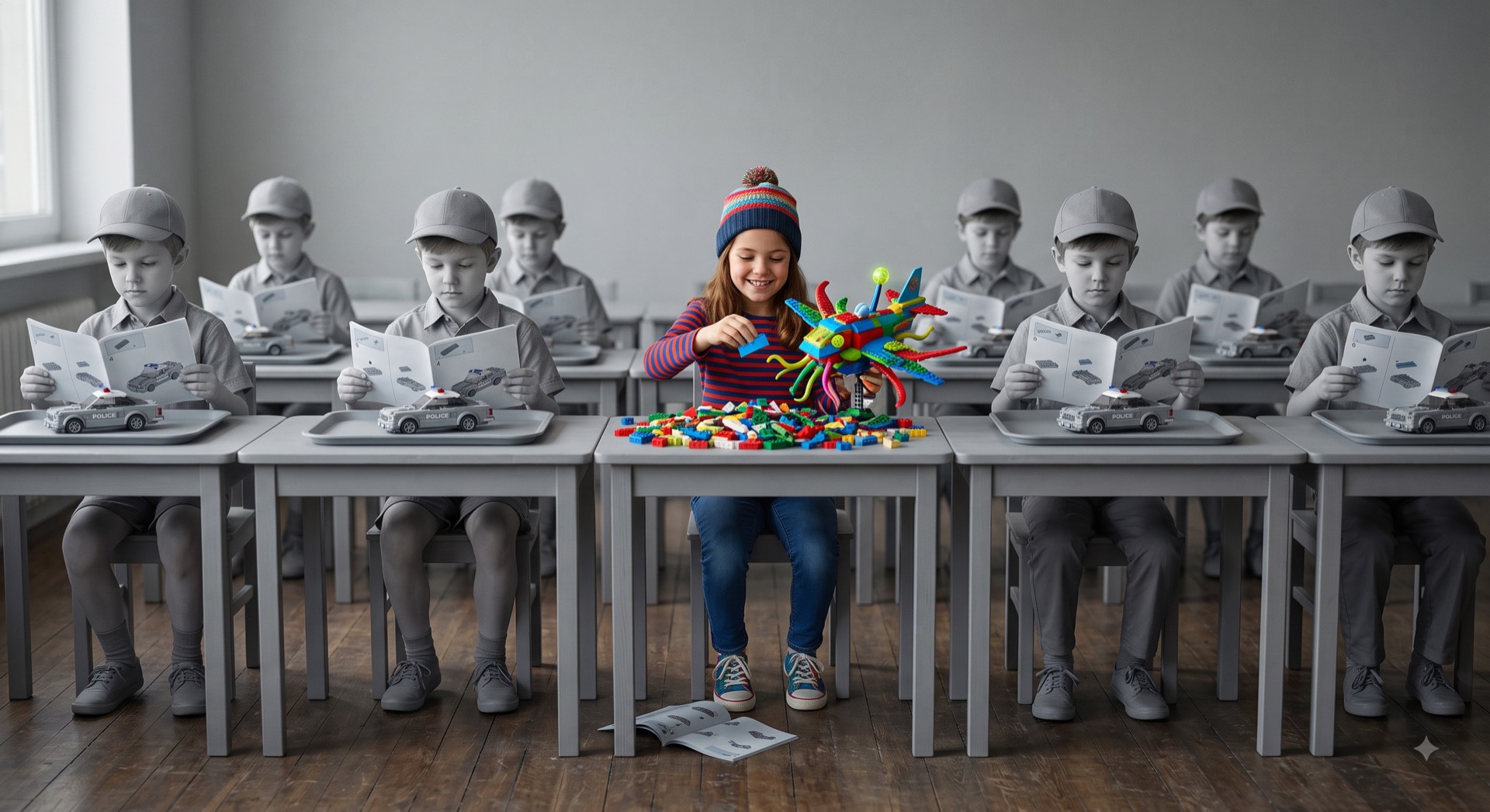 A classroom of children in grey copying from identical manuals, while one child in colour builds something of her own out of loose bricks.